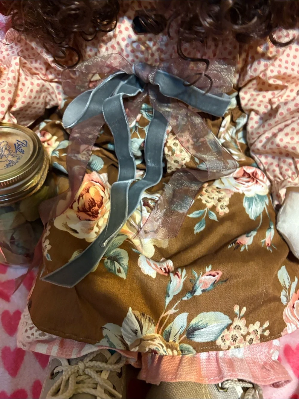 Brown Floral Rag Doll with Burgundy Hat
